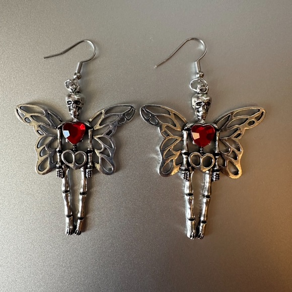 Halloween Earrings “Fairy Skeleton” Silver Red Heart Whimsy Goth Edgy Dangle New - Picture 4 of 12